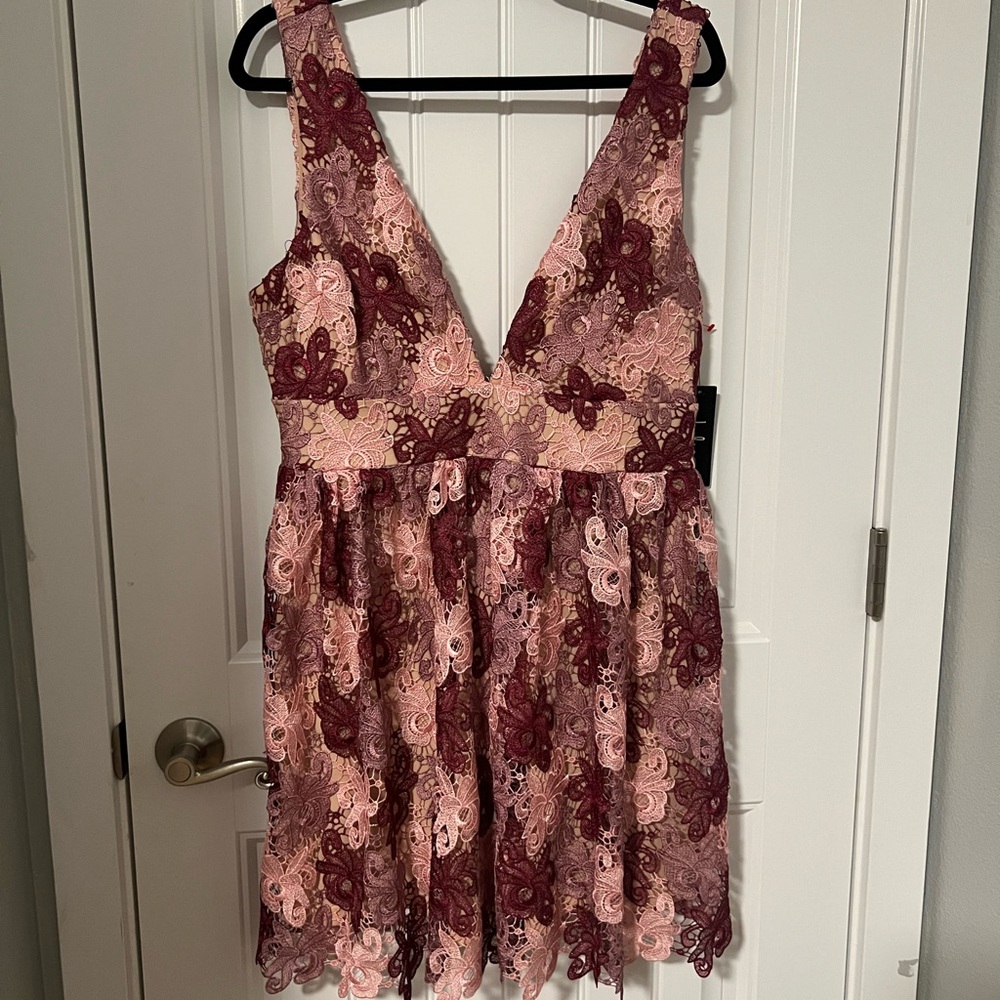 Sleeveless Pink and Burgundy Lace Midi Dress